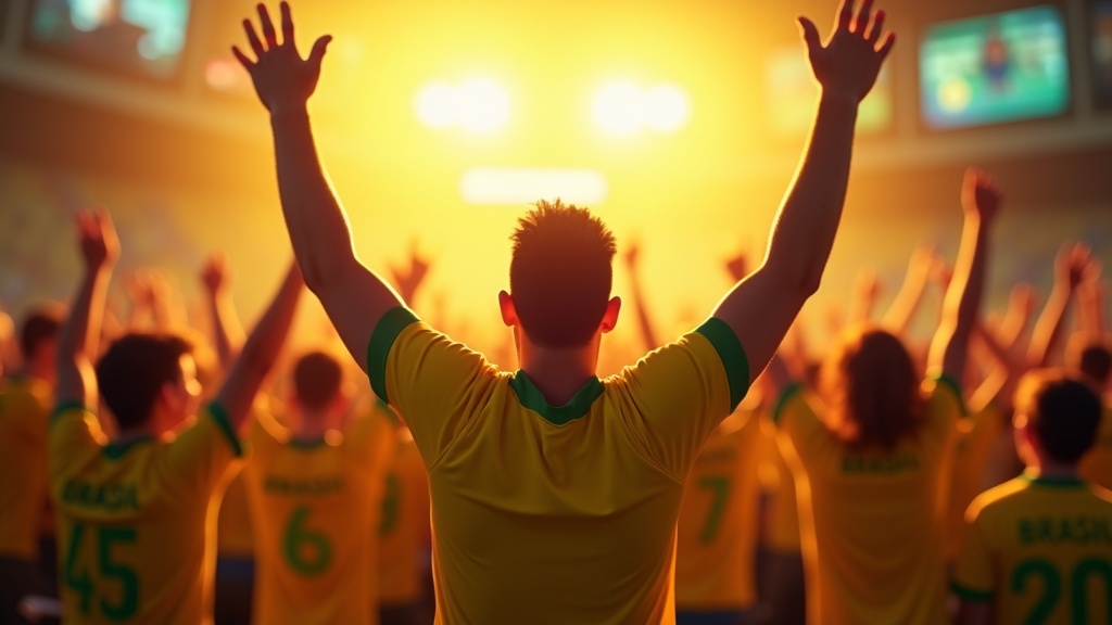 Brazilian fans in yellow and green jerseys cheering and celebrating at a World Cup watch party