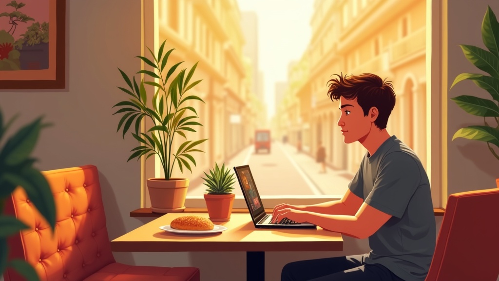 Person studying Brazilian Portuguese on a laptop at a cafe in Brazil