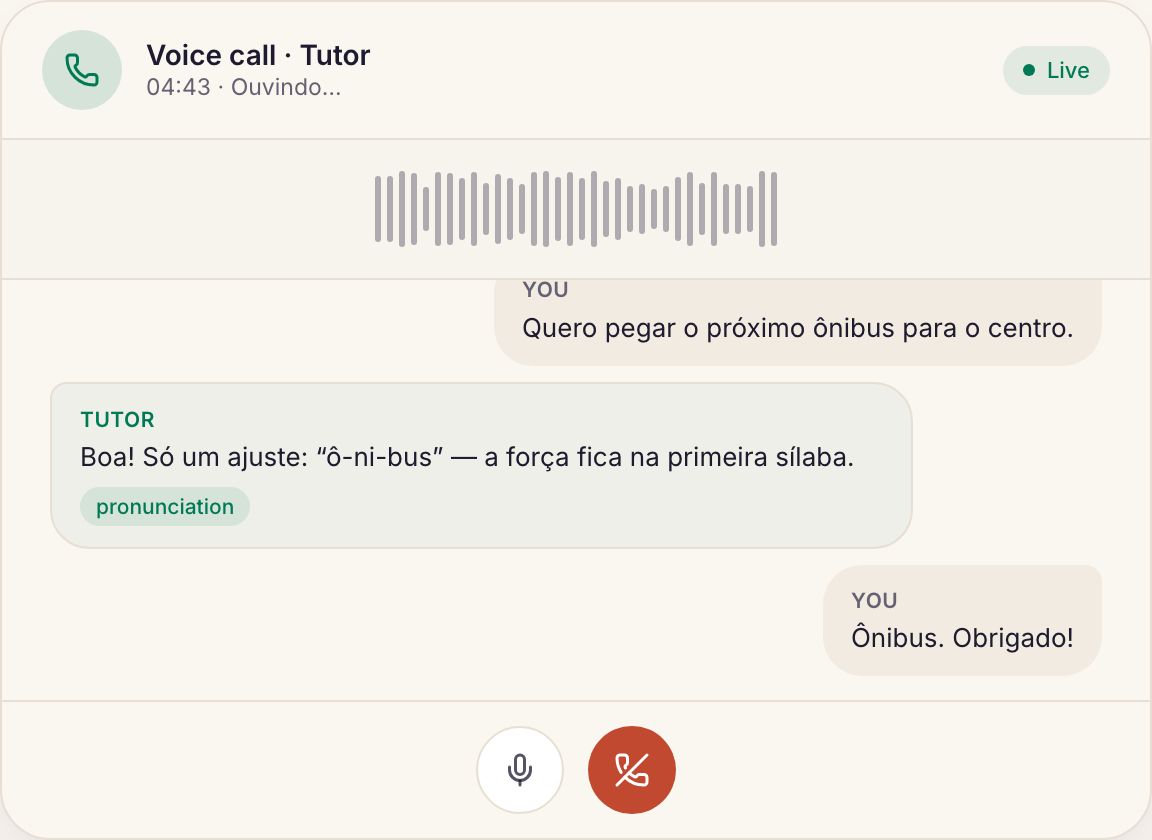 A live AI voice call: waveform, running timer, and a transcript correcting the learner's pronunciation.