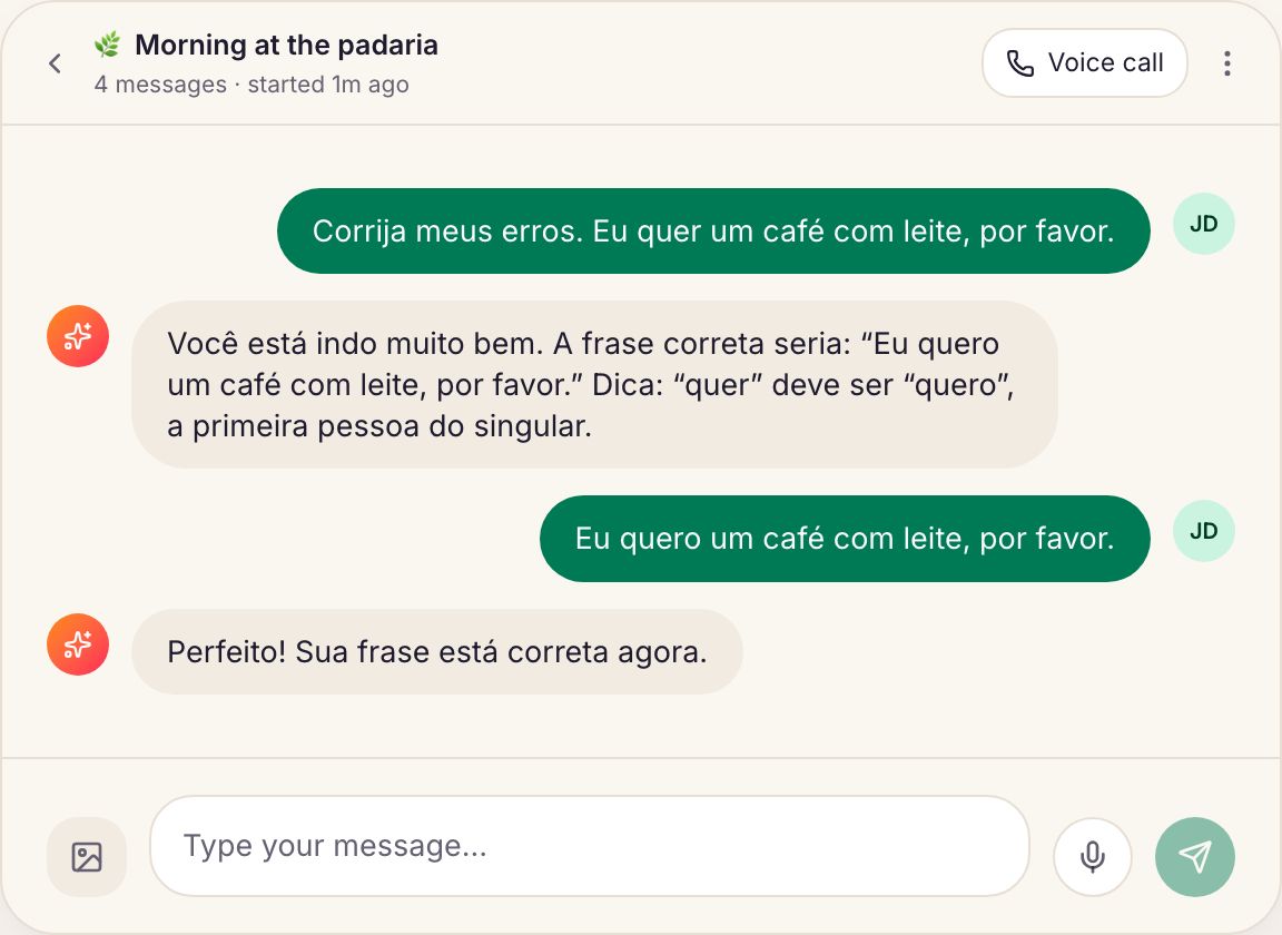 The AI chat screen: a learner orders a coffee in Portuguese and the tutor replies in Brazilian slang.