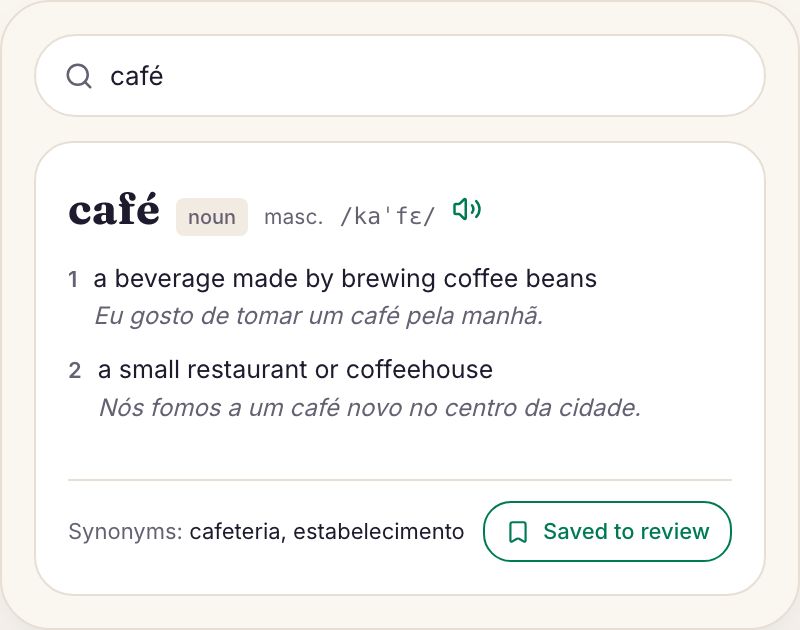 The dictionary: a search for cafe returning the full entry with IPA, senses and examples.