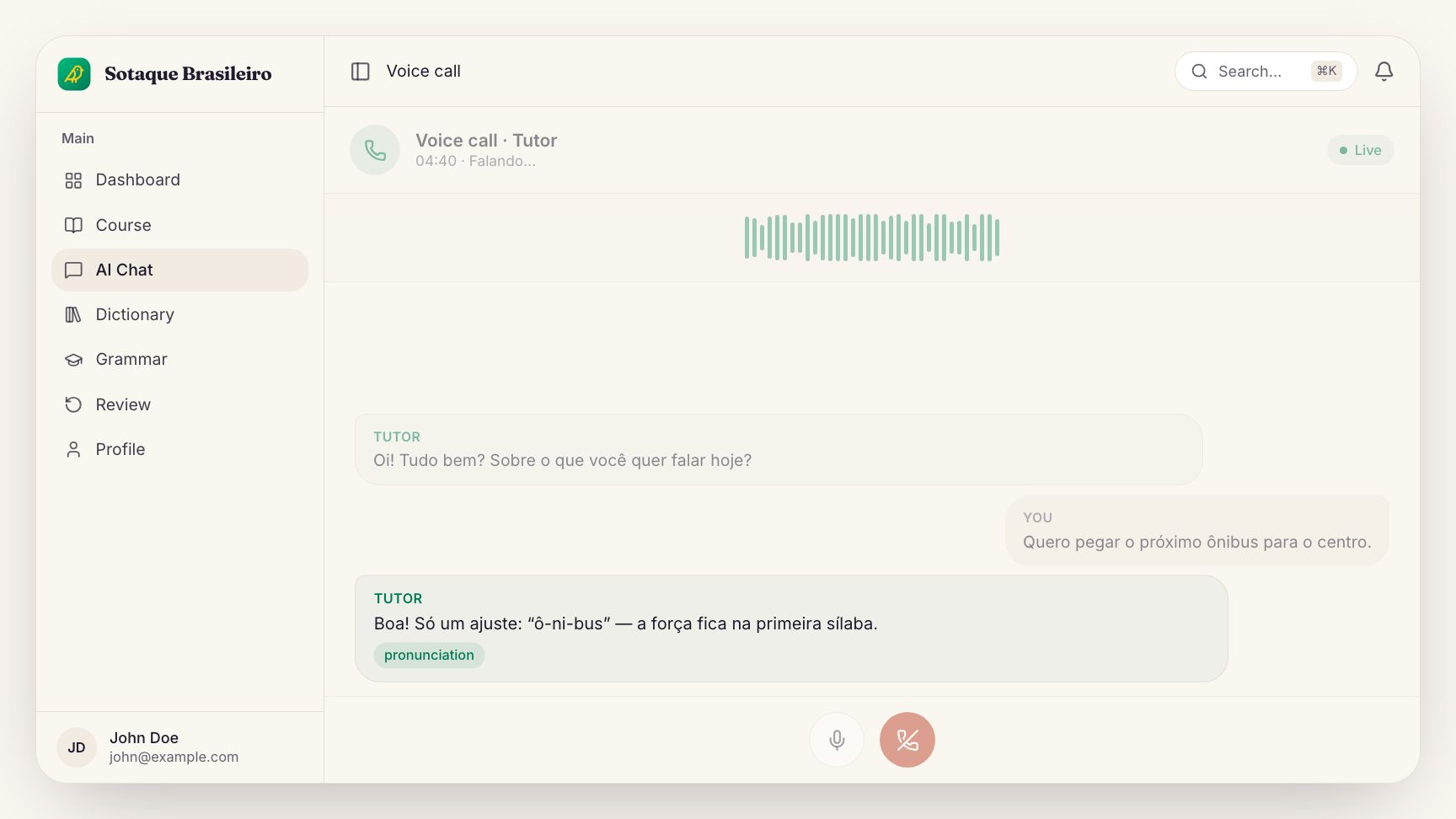 The Sotaque Brasileiro app: the A1 to C2 course path, a chat with the AI tutor, and a spaced-repetition review session.