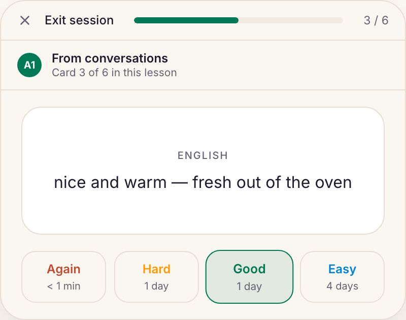 A spaced-repetition session: a card flips from Portuguese to English and is graded.