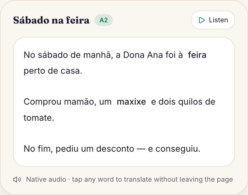 A Brazilian story being read, with words tapped to reveal their English translation.